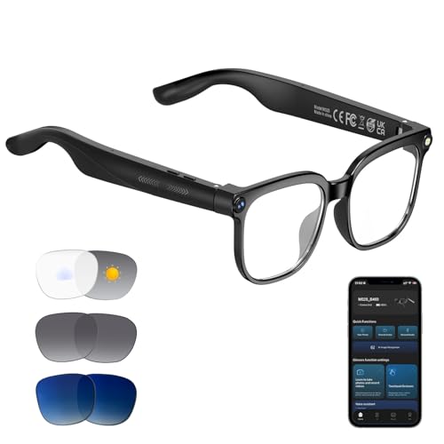 Image of Smart Glasses with Camera, 8MP 1080P HD Video & AI Translation | Photo Capture, Object Recognition, Open-Ear Bluetooth Calls, 4-Lens Options, 4GB Storage, IP65 Waterproof, Travel Vlogging