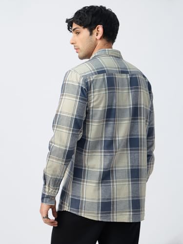 Image of The Souled Store: Blue Sails Men and Boys Long Sleeve Collared Neck Button Front Blue and Cream Checked Embroidered Regular Fit Cotton Linen Shirt