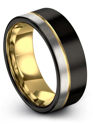 Tungsten Wedding Band Ring 12mm 9mm 8mm 7mm for Men Women 18k Yellow Gold Plated Flat Cut Black Grey Brushed Polished