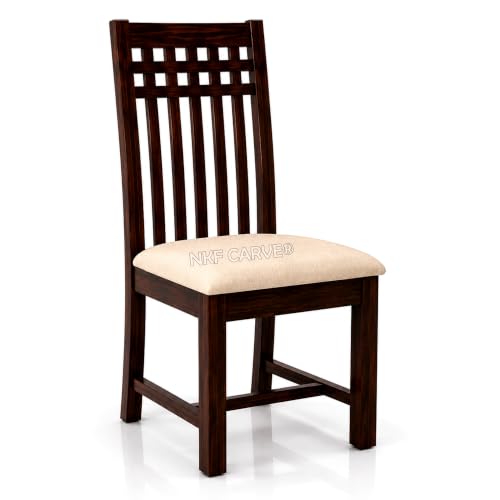 Image of Wooden Dining Table & Chair Set for 4 Person | Solid Sheesham Wood Round Dining Table with Air Grid Backrest & Cushioned Chairs | Modern & Trending Style Design for Home & Dining Room | Walnut Finish