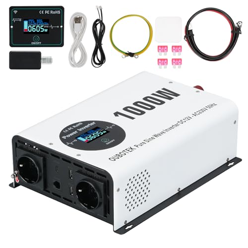 OUBOTEK Inversor de Corriente de 1000 W/2000 W, 12 V CC a CA 230 V, con Mando a Distancia inalámbrico, Pantalla LCD, 2 Tomas de CA, 2 USB A y 1 Tipo C, convertidor de tensión para Autocaravana hogar