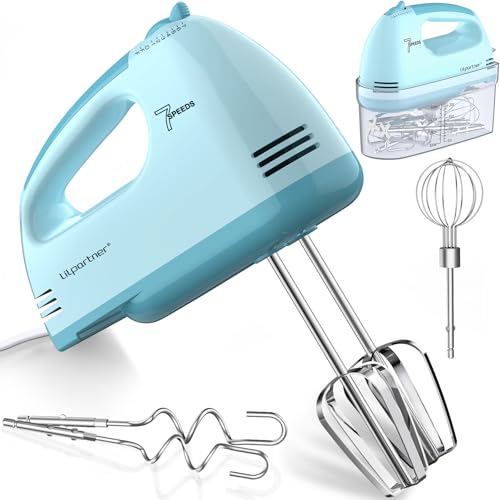 Image of LILPARTNER Electric Hand Mixer with Storage Box, Ultra Power Kitchen Hand Mixer With 7-Speed & 5 Stainless Steel Accessories for Whipping Dough, Cream, Cake, Dishwasher Safe, LIGHT BLUE BOX