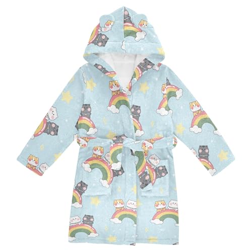 WIFIU Toddler Baby Hooded Bathrobe for Boys Girls Cute Cat with Rainbow Sky Printed, Soft Plush Bath Towel Robe with 2 Pockets for 7-9 Years