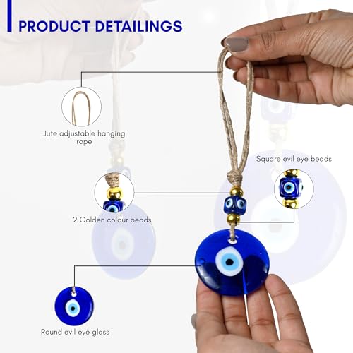 Image of Handmade Turkish Evil Eye Hanging with Beads for Decoration of Home Shop Office Garden and Car (Golden Blue)