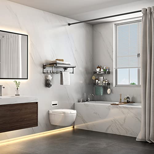 Mustorn Bathroom Towel Rack With Towel Bar And Hooks 23.6 In Foldable Towel Shelf Wall Mounted Lavatory Towel Organizer Modern Gray Finish #TOP6