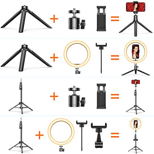 GPEESTRAC 10” Selfie Ring Light with Tripod Stand & 2 Phone Holders & Bluetooth Remote, LED Beauty Camera Ringlight for Photography Makeup Live Steam YouTube Video, Compatible with iPhone & Android