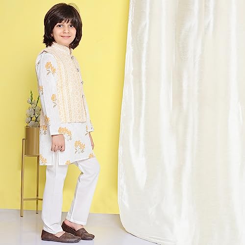 Image of AJ DEZINES Kids Ethnic Wear Cotton Printed Kurta Pajama Set For Boys With Nehru Waist Coat Jacket