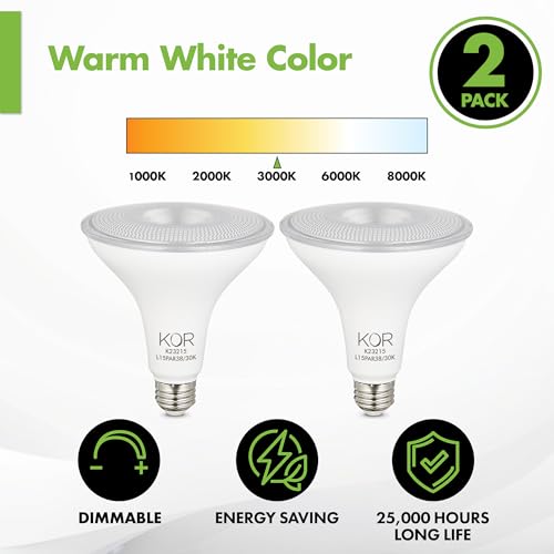 Image of KOR PAR38 LED Flood Light Bulbs, 100W Equivalent, Dimmable, 3000K, 2 Pack