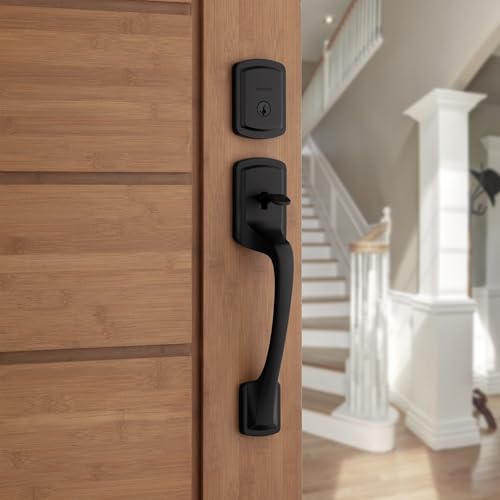 Image of Kwikset Prague Front Door Lock Handle and Deadbolt Set, Entry Handleset Exterior with Interior Door Knob, Matte Black, Pick Resistant SmartKey Rekey Deadbolt Security, 98180-026