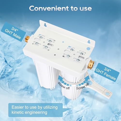 Image of External RV Dual Water Filter System Includes Mounting Bracket and Two Filters, Two 3 /4 inch GHT Brass Fittings For RVs, Yachts, Homes, Boats For Reducing Sediment, Rust, Scale Particles and Chlorine Odor