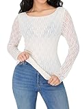 Blooming Jelly Women's Lace Long Sleeve Tops Sheer Mesh Shirt Boat Neck Blouse Sexy Going Out Date Outfits Fall Fashion Boho Clothes (White,Large)