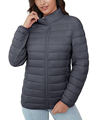 Magcomsen Ladies Quilted Lightweight Puffer Stand-Collar Padded Jacket With Inner Pockets Winter Zip-Up Casual Coat, Dark Grey Xl #TOP3