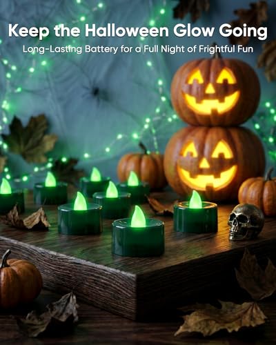Image of Homemory Green Tea Lights Candles Battery Operated, Flickering Flameless LED Votive Candles, Warm White Tealights for Christmas, St Patricks Day, Easter, Garden Wedding, Spring Decor, 24-Pack