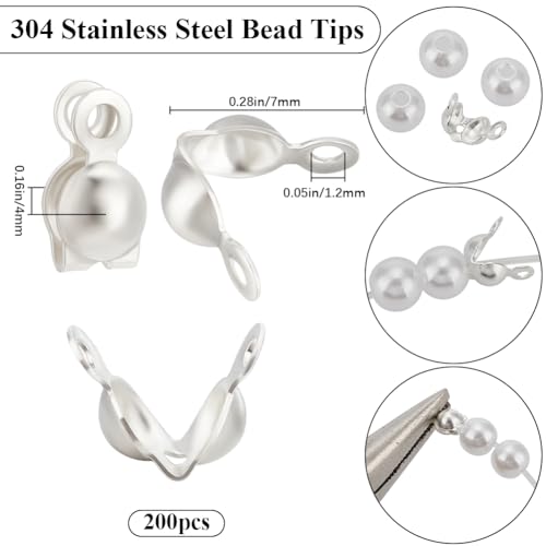 Beebeecraft 1 Box 200Pcs Bead Tips 304 Stainless Steel Crimp Beads for Jewelry Making (7x4x1.2mm), Silver, 7x4mm - Image 2