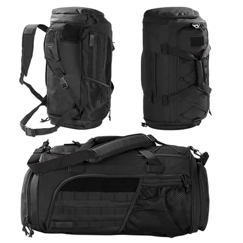 60L Militär-Duffel-Rucksack, Hochwertige Sporttasche & Reisetasche mit Mehreren Fächern (inkl. Schuhfach & Nass-Trocken-Trennfach), Verstellbarem Schultergurt & MOLLE-System, Schwarz