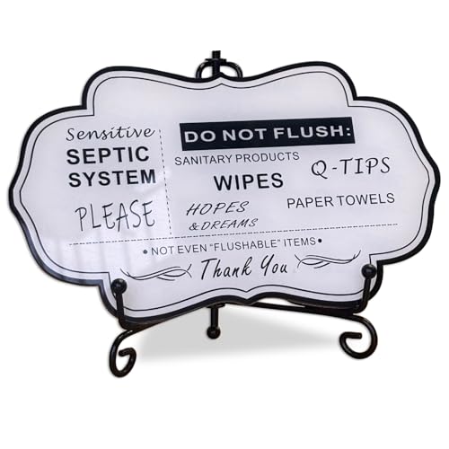 Do Not Flush Rules Sign for Bathroom,RAMIEYOO Designer Septic System Bathroom signs with stand for Home,Business or RV,Cabin (White)