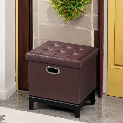 Image of Bsketa Storage Ottoman Bench,17 Inch Folding Leather Foot Rest Stool, Brown | Small Ottoman with Side Pockets, Thicker Foam Padded Seat, Livingroom, Dorm, Bedroom, Easy to install, 43L,17x13x13in