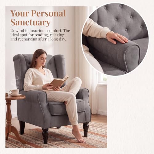 Image of Tufted Wingback Accent Manual Single Lounge Recliner Chair, Gray | Tufted Wingback Accent Chair, Upholstered Single Lounge Chair with Solid Wood Legs