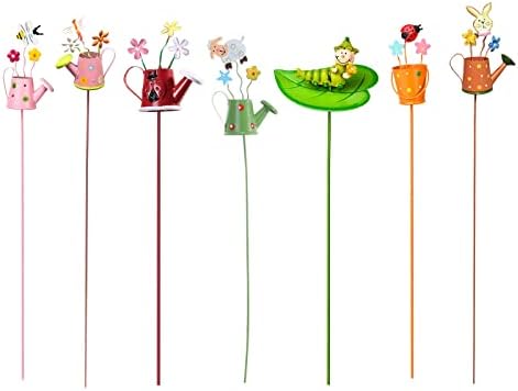 LEMCC 7PCS Metal Flower Garden Stakes with Watering Pot Decoration Small Yard Art Stick Floral Picks Lawn Patio Art Ornaments for Indoor Outdoor Planter Flower Pot Bed, 27cm/10.6inch