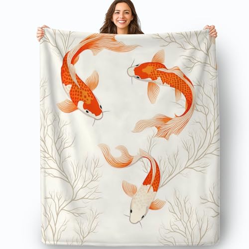 Crema Manta de Franela de Forro Polar para niños y Adultos, Suave Ligera esponjosa Estampado de Minimalismo Algas Peces Koi, 180 x 200 cm sin desprendimiento Todas Estaciones