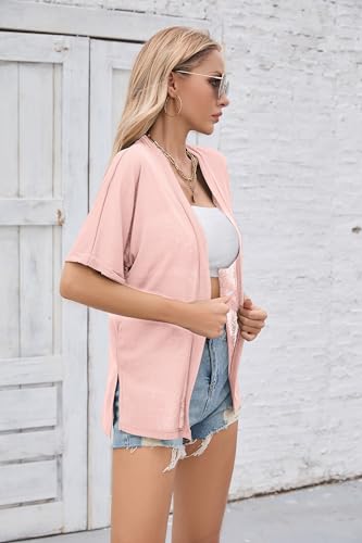 Image of Iandroiy Women's Lightweight Open Front Cardigans Casual Short Sleeve Blouse Tops