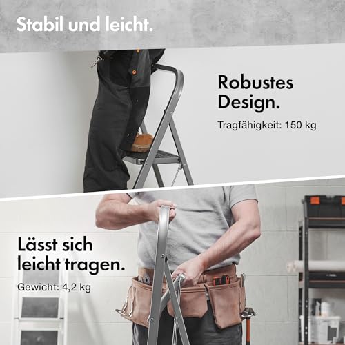 VonHaus Trittleiter 2 Stufen Klappbar - Treppenleiter mit Anti-Rutsch-Füßen, Einfache Aufbewahrung, Belastbar bis 150kg - Hochwertige, Robuste Stahl Stahlleiter für Heimwerker- und Gartenprojekte