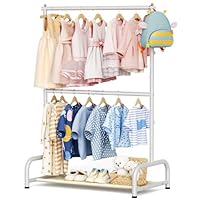 PLHG Double Rod Kids Clothing Rack for Hanging Clothes, Small Dress up Storage with Bottom Shelf, Metal Garment Rack for Shirts, Dance Costumes, and Baby Clothes (White)