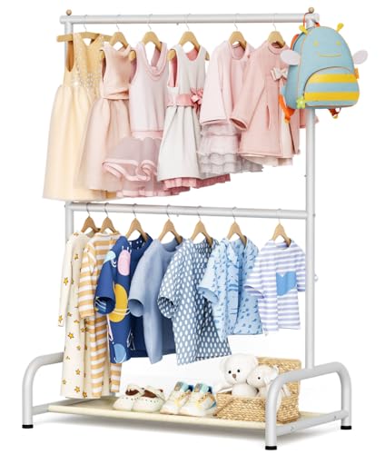 PLHG Double Rod Kids Clothing Rack for Hanging Clothes, Small Dress up Storage with Bottom Shelf, Metal Garment Rack for Shirts, Dance Costumes, and Baby Clothes (White)