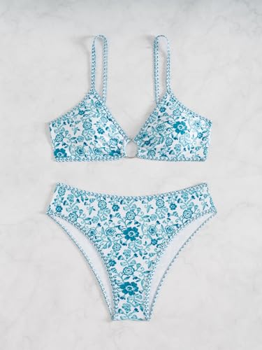 Image of Fanuerg Women's Triangle Bikini Sets O Ring Linked Two Piece Swimsuits Floral Printed Cheeky Bathing Suit