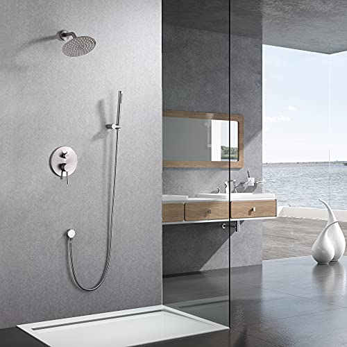 SUMERAIN Wall Mounted Rainfall Shower System Brushed Nickel Shower Faucet Set with Handheld Sprayer and Valve