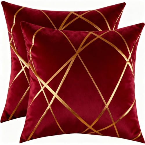 Miuyunya Housses de Coussins Velours Coussin Decoratif Canape 40x40 cm Rouge Moderne Taie d'oreiller Lignes Dorées Boheme Vintage Decoration pour Jardin...