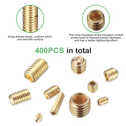400 Stk Madenschrauben Set, M3/M4/M5/M6/M8 Gewindestifte Sortiment Kit, Sechskantkopf Schrauben für Türgriff Türklinke Halterung Innensechskant Madenschrauben, mit Sechskantschlüssel, Gold (400)