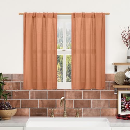 Image of LAMIT Short Linen Curtains 45 Inches Long for Cafe 2 Panels, Terracotta