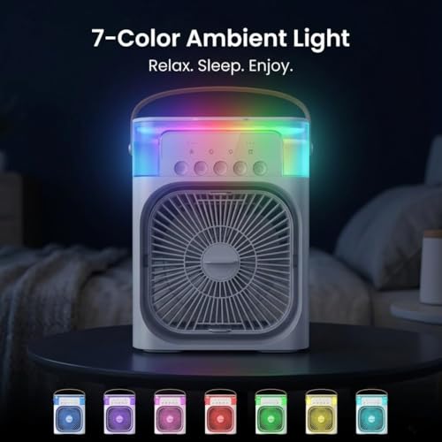 Image of Portable Mini Air Cooler Fan with Water Spray | 7 Color LED Light | 3 Speed Personal Cooling Fan with Timer | USB Compact Table Cooler for Home Office Travel