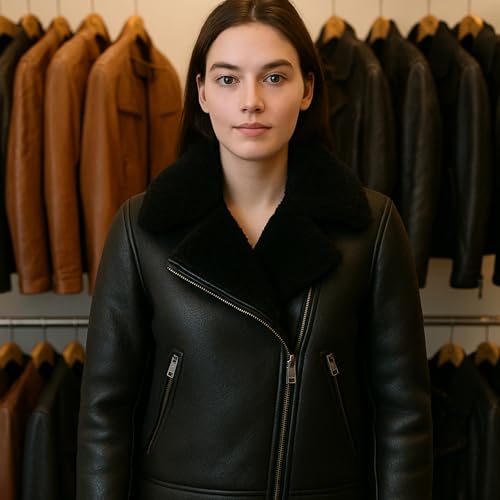 Women’s Black Shearling Leather Bomber Jacket – Real Lambskin with Full Faux Fur Collar & Lining Warm Winter Coat4