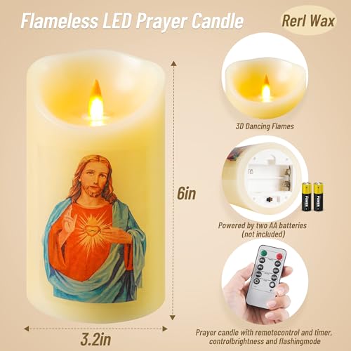 Image of QQFCTOO LED Prayer Flameless Candle with Remote Timer, Battery Powered Candle, Religious Candle, Real Wax, for Home Altar, Church, Devotional,6 inch x 3.2 inch(Jesus - Blue)