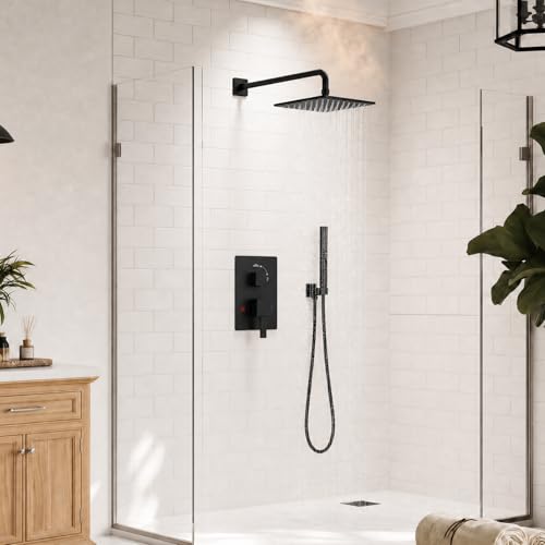 BESy Shower Faucet Set 10 Inch Rainfall Bathroom Shower System with 2 in 1 Handheld Sprayer, Rain Shower Head and Handle Set, Rough-in Valve and Shower Fixtures Trim Kit, Wall Mounted Matte Black by BESy - Used condition - Image 2