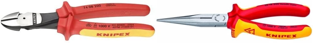 KNIPEX Tools - High Leverage Diagonal Cutters, 1000V Insulated (7408200SBA), 8 inches & Long Nose Pliers w/Cut-1000V Insulated