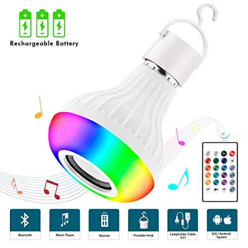 Ampoule Musique Bluetooth, JOLVVN Lampe Haut-Parleur Rechargeable LED Lampes Ambiante RGB Music Light 2-In-1 E27 Mini Stéréo Contrôlée par Android/ IOS Télécommande Luminosité/ Couleur Réglables