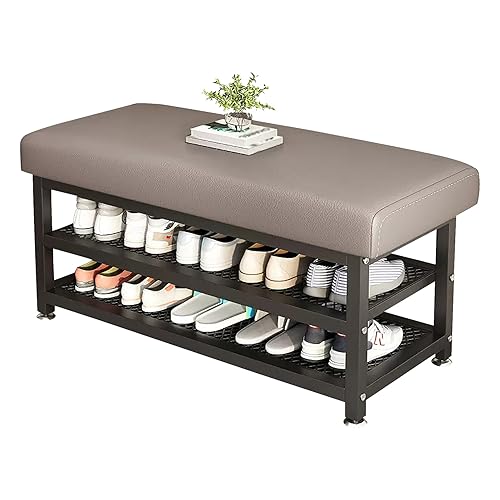 Étagère à chaussures en métal robuste et son assise en cuir premium pour un intérieur chic