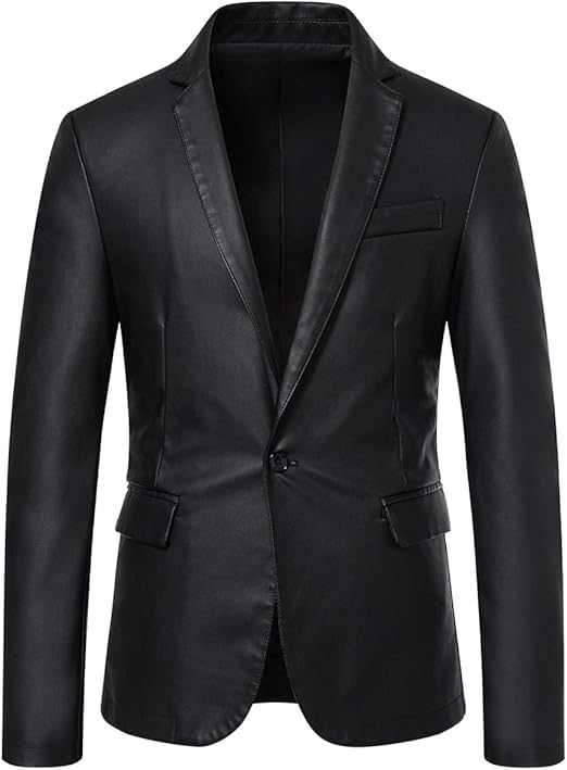 chava Men's Black Faux Leather Blazer, Slim Fit, Single Button, Notch Lapel, Smart Casual Suit Jacket-picture-17