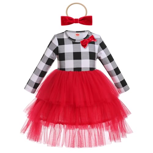 Kids Baby Girls Xmas Outfits Long Sleeve Plaid Tiered Tulle Dress and Hair Bow, 2pcs Set