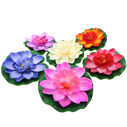 Jianling 6Pcs Artificial Floating Foam Lotus Flowers Simulation Water Lily Pond Plant Fake Ornament For Wedding Pond Garden Fake Plants Decor (Milk White/Pink/Peach Red/Sunset Red/Light Purple/Blue) #TOP3