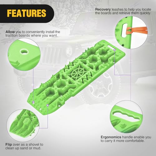Image of Nilight Recovery Off-road Traction Boards with Jack Lift Base Emergency Tire Ladder Mats For 4WD 4X4 Mud Sand Snow with 2PCS Mounting kit Carry Bag 2 leashes (Green)