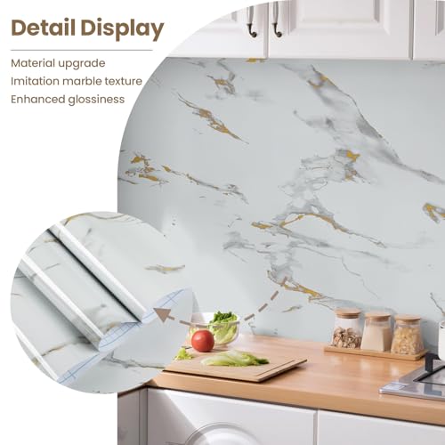 practicalWs Glossy Marble Wallpaper Peel and Stick White/Gold Granite Contact Paper Removable Wall Paper for Kitchen Countertop Cabinet Furniture 23.6" x 118"