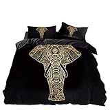 Feelyou Bohemia Boho Duvet Cover Set King Size 3 Pieces 3D Gold Elephant Print Comforter Cover Set Africa Wild Animal Bedding Set Black Golden Bedspread Cover with 2 Pillow Shams Microfiber Zipper…