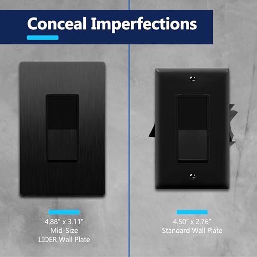 Image of LIDER Screwless Metal-Surface Wall Plate, Decorator Switch Cover, Temperature and Impact Resistant, Modern Decoration Upgrade, Mid-Size 1-Gang 4.88 inch x 3.11 inch, UL Listed, Stainless Steel, Brushed Black