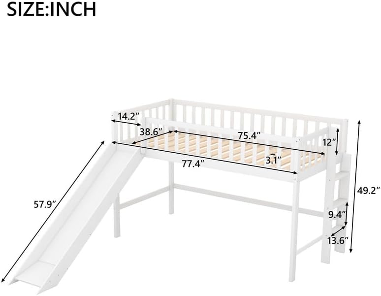 Twin Loft Bed with Slide, Modern Low Loftbeds with Guardrail and Ladder, Pine Wood Twin Bed Frame with Slat Support, Ample Storage Space, No Box Spring Needed, White