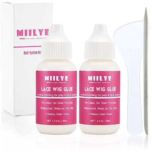 Lace Wig Glue, Invisible Waterproof MIILYE Hair Replacement Bonding Adhesive, Strong Hold Lace Glue for Frontal Wig and Poly Hairpieces, Toupee, Cosmetic Hair Systems (Pack of 2) Cover