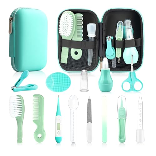 Image of Baby Healthcare and Grooming Kit, 14 in 1 Baby Safety Set Newborn Nursery Health Care Set with Hair Brush Scale Nail Clippers for Baby Girls Boys(14 Kits Green)
